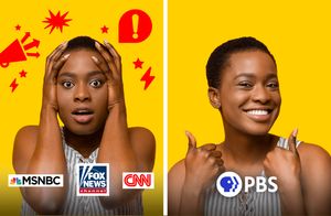 on left hand side woman distressed surrounded by symbols of cable news companies, on right hand side woman with thumbs up and smiling next to PBS logo