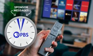 hand holding remote control in front of TV with PBS programs