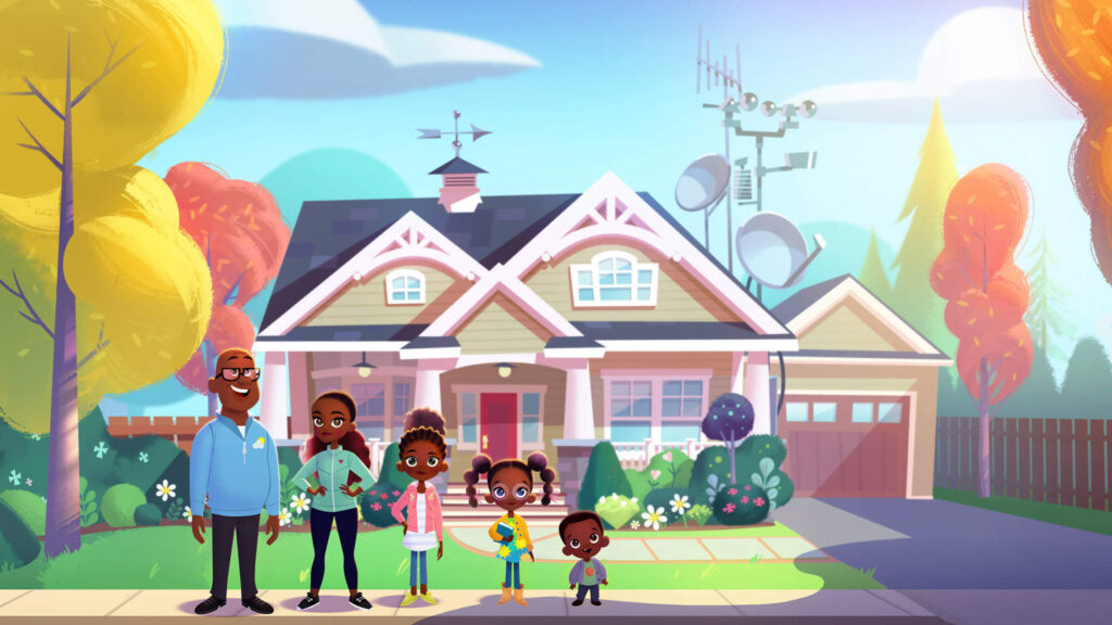 A cheerful animated family of five stands in front of a cozy house with a pink roof and weather instruments on top. The scene is bright and colorful with a well-kept garden, flowers, and trees with autumn foliage in the background.