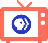 A stylized red television icon with antennas displays the logo of a public broadcasting channel on its screen. The logo features blue outlines of two human faces in profile, looking in opposite directions.
