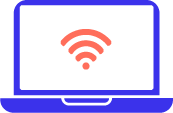 A blue laptop with a red Wi-Fi symbol displayed on its screen, indicating wireless internet connectivity. The laptop is shown in a simple, minimalist style with a white background.