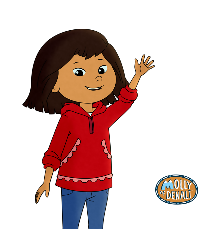 Animated character Molly from the show "Molly of Denali" is waving. She has dark brown hair and is wearing a red hoodie with pockets, blue jeans, and brown boots. A logo in the bottom-right corner reads "Molly of Denali.