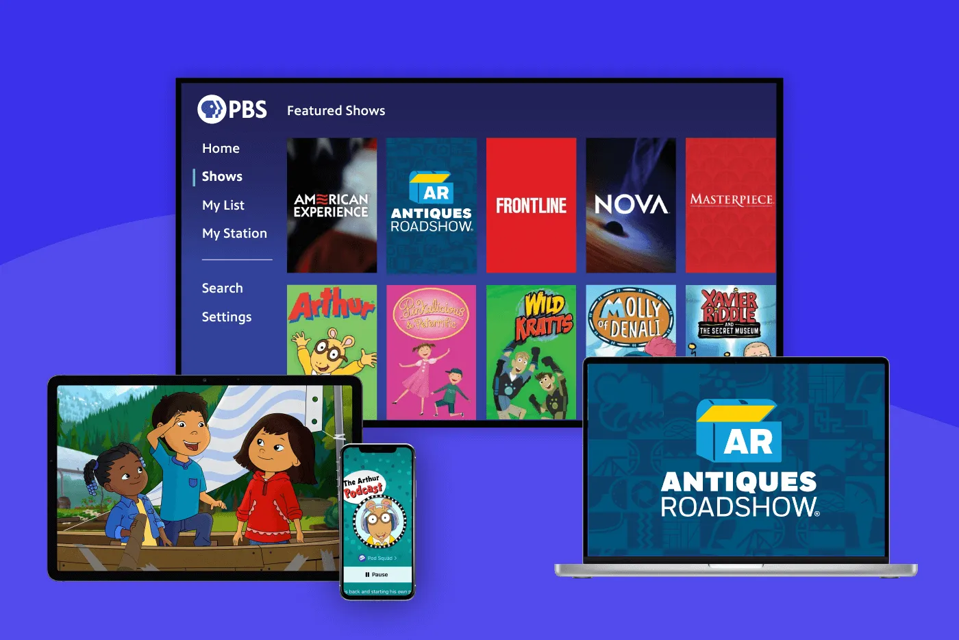 PBS streaming platform shown on TV displaying featured shows and menus. Portable devices below include a tablet with an animated children's program, a smartphone app screen with a similar program, and a laptop with the "Antiques Roadshow" show highlighted.