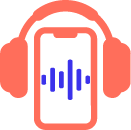 Icon of a smartphone with a sound wave graphic on its screen, surrounded by red headphones. The overall color scheme includes red for the headphones and smartphone outline, and blue for the sound wave on the screen.