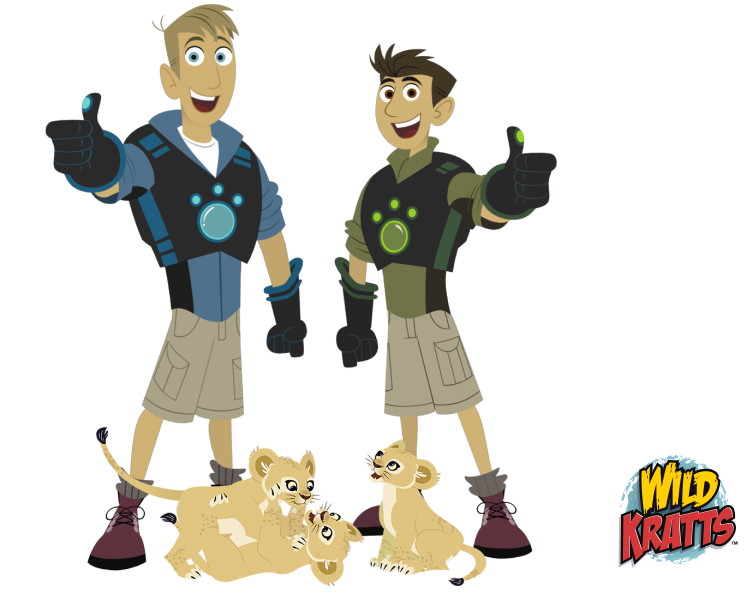 Two animated characters, each with a hand raised and thumb up, dressed in adventure outfits and gear with glowing circular devices on their chests. They stand next to four playful lion cubs. The "Wild Kratts" logo is in the lower right corner.
