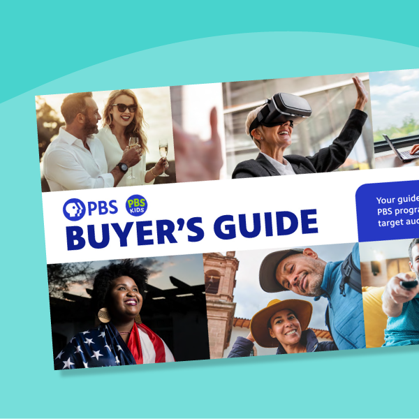 The PBS Buyer's Guide cover features a collage of diverse individuals: a couple laughing over drinks, a person using VR goggles, a person with an American flag, and two people outdoors, smiling. The PBS and PBS Kids logos are displayed prominently at the top.