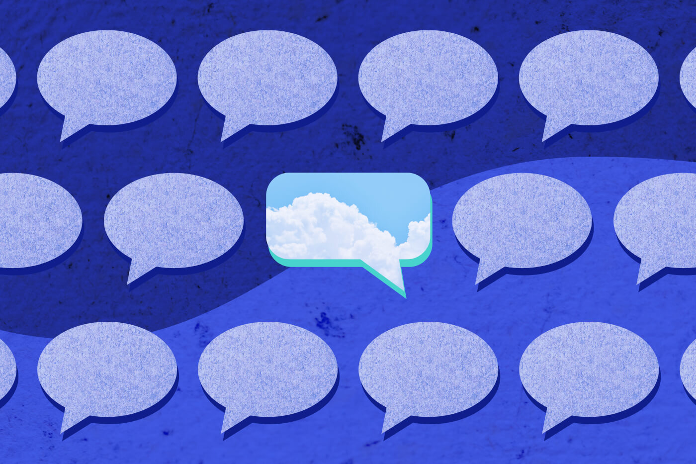 blue speech bubbles with one in middle with a cloud pattern