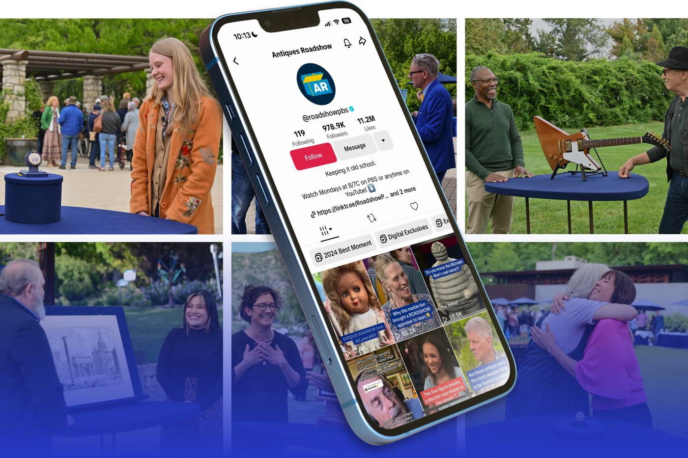 A collage of images from an Antiques Roadshow event. In the center, a large smartphone screen displays the Antiques Roadshow TikTok profile with 978.9K followers and 11.2M likes. The top left image shows a group of people gathered around a table with an antique pocket watch on display. The top right image features two men standing by a table with an electric guitar on it. The bottom left image shows a man presenting a framed artwork to another person. The bottom middle image depicts two people in conversation, one gesturing with hands on chest. The bottom right image captures two women hugging each other warmly at the event.